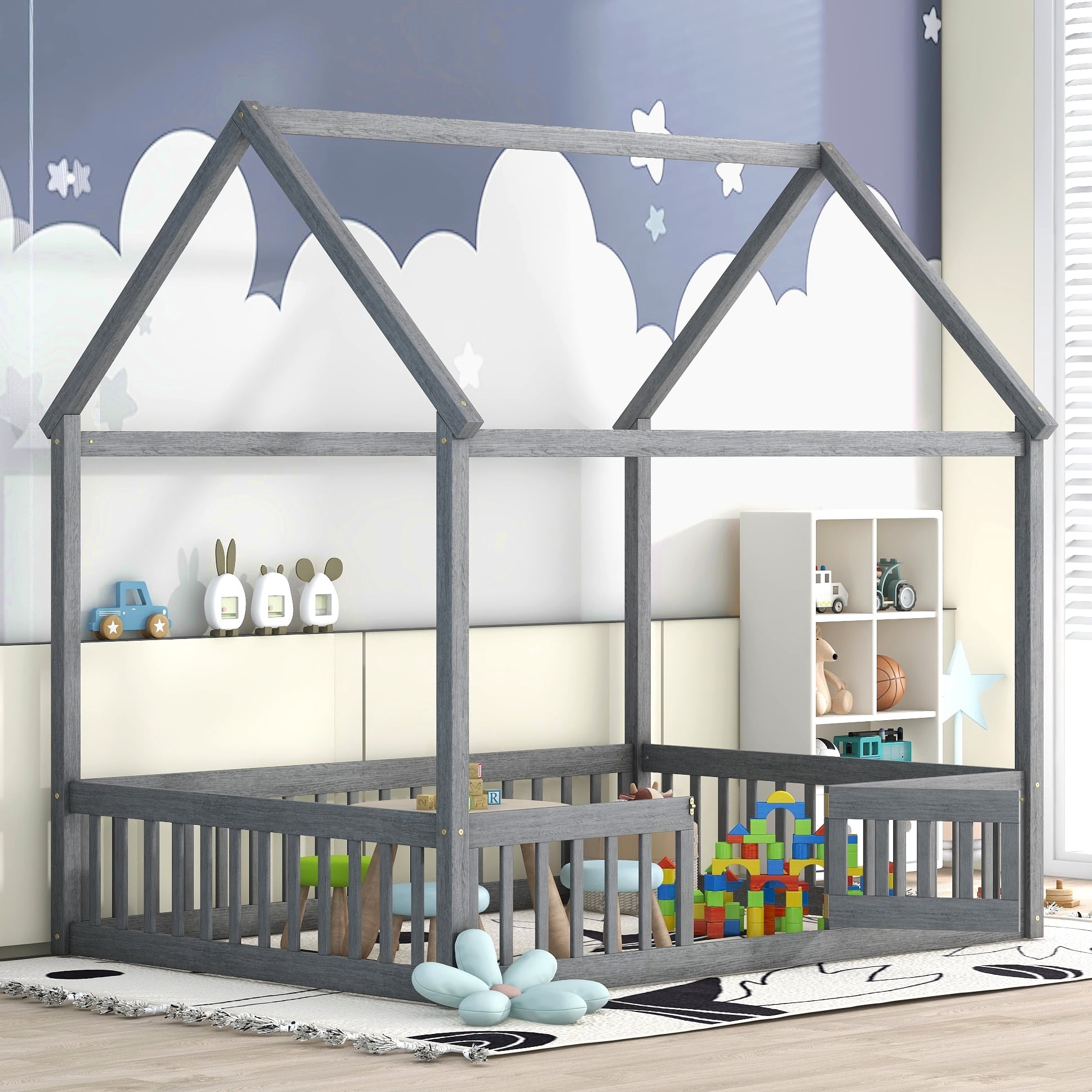 Full Size Montessori Bed, Full House Beds with Fence and Door, Floor Bed Full with Rails (Gray)