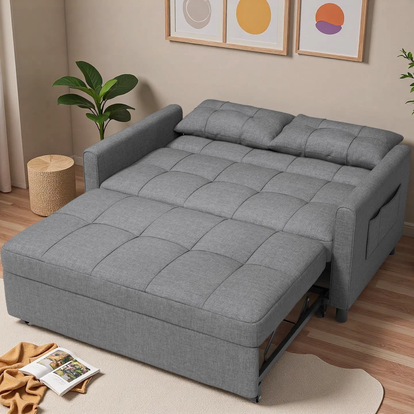 Lofka Futon Sofa Bed, 3-in-1 Sleeper Sofa with Adjustable Backrest for Living Room,Apartment,Linen Fabric,Dark Gray