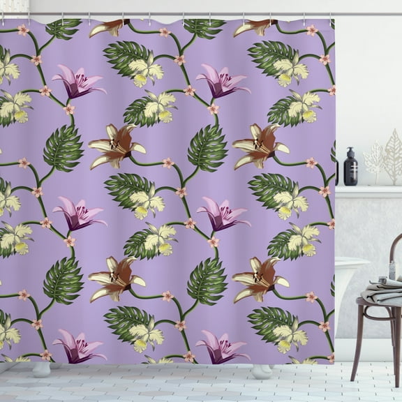 Tropical Shower Curtain, Exotic Lily and Hibiscus Blossoms with Monstera Leaves Botanical Flora Art, Fabric Bathroom Set with Hooks, 69W X 75L Inches Long, Lilac Multicolor, by Ambesonne