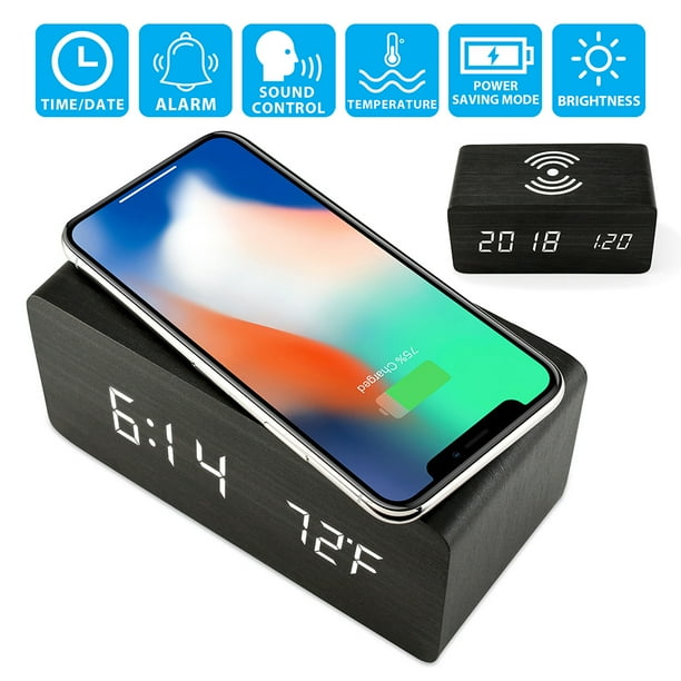 Wooden Wood Alarm Clock Qi Wireless Charging LED Sound Control Time
