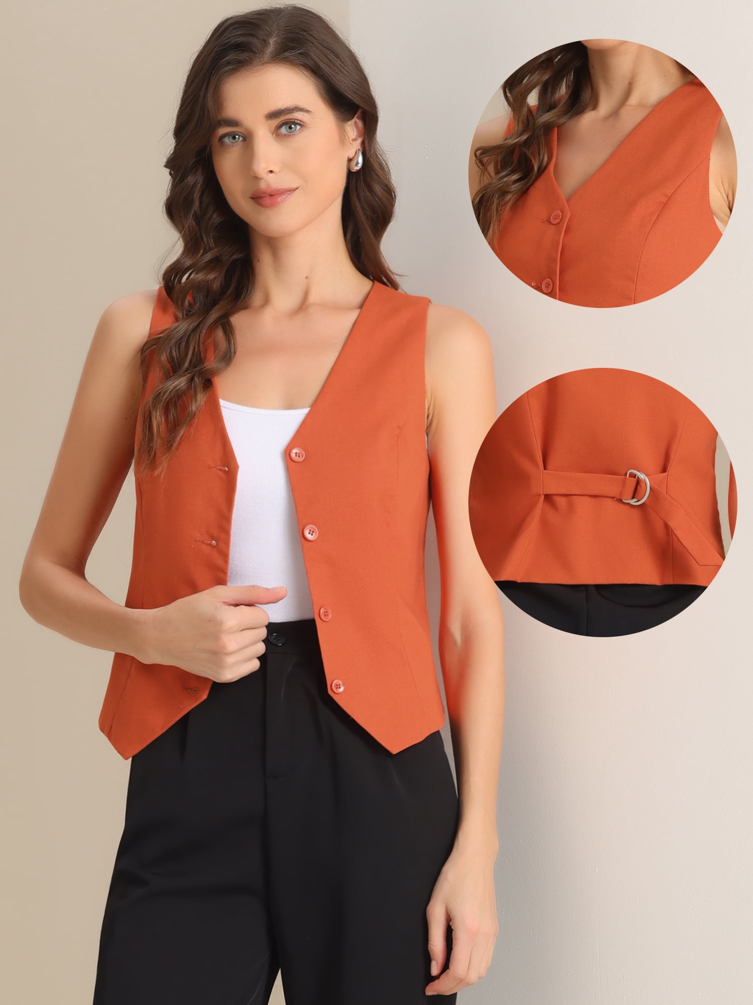 DARING DIVA Women's Button Down Sleeveless V Neck Crop Top Summer Vest XL Orange
