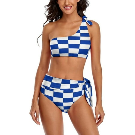 Kentucky Checkerboard Blue And White One Shoulder Bowknot Swimsuit Two Piece Swimsuit Knot Crop Top Bikini High Waisted Bathing Suit