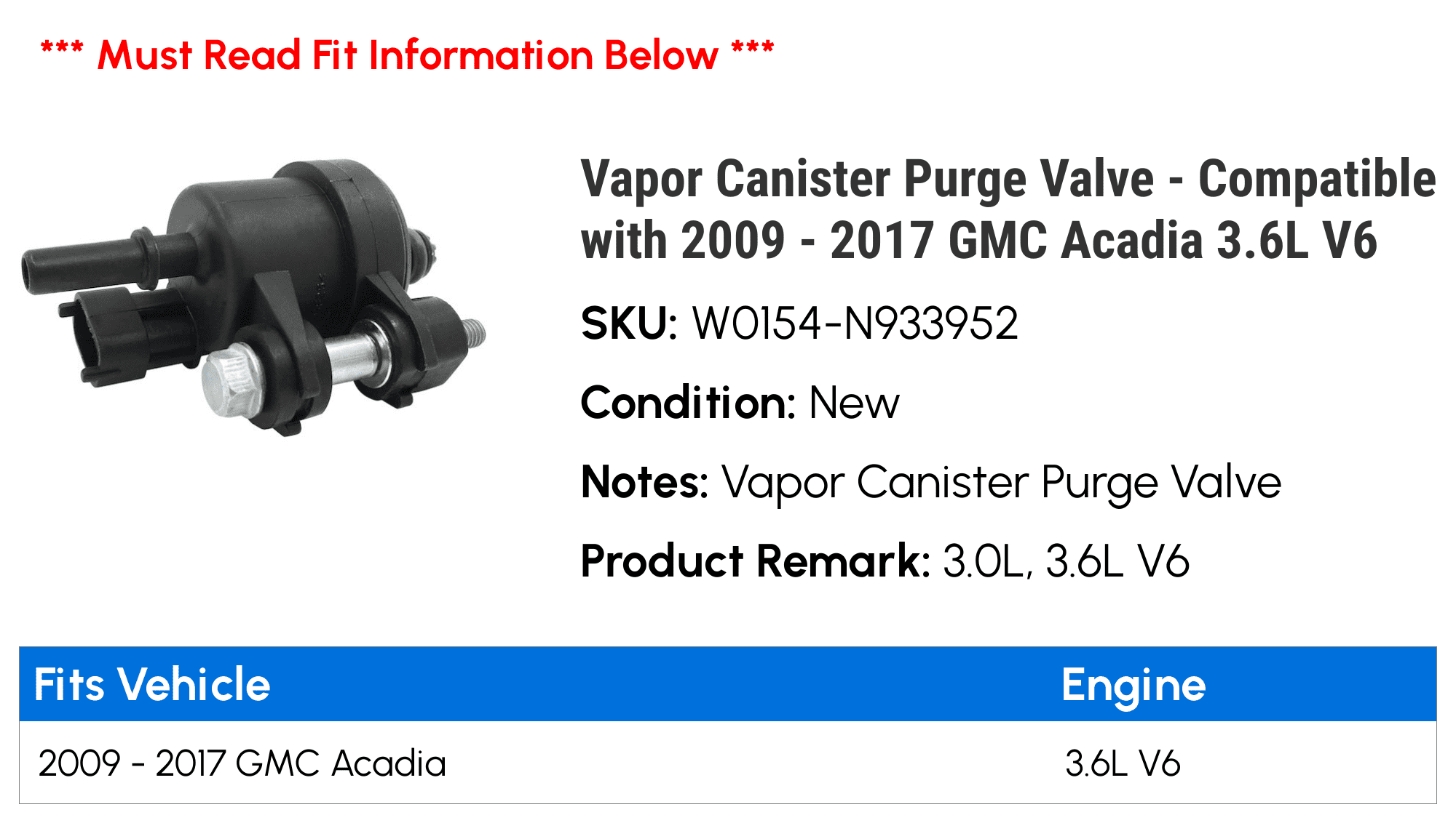 Canister Purge Valve - Compatible with 2009 - 2017 GMC Acadia 3.6L V6 2010 2011 2012 2013 2014 2015 2016