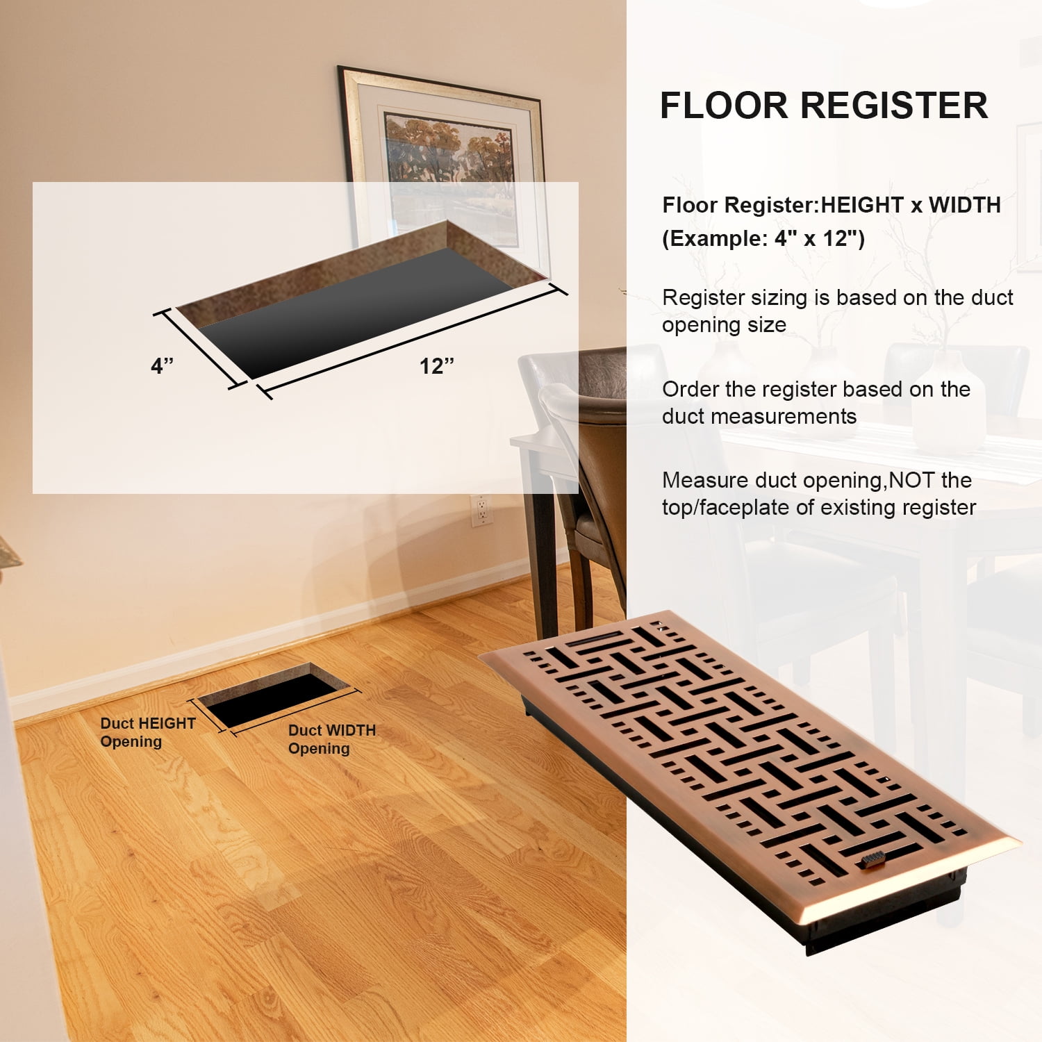 Akicon™ 4"x12" Floor Register with Trap Net, 4-Inch x 12-Inch Duct Opening Measurements, Copper Finishing