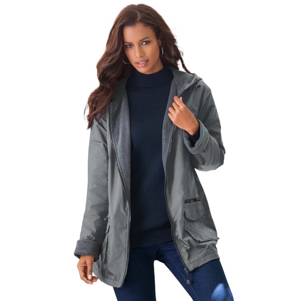 Roaman's Women's Plus Size Hooded Jacket With Fleece Lining Rain Water