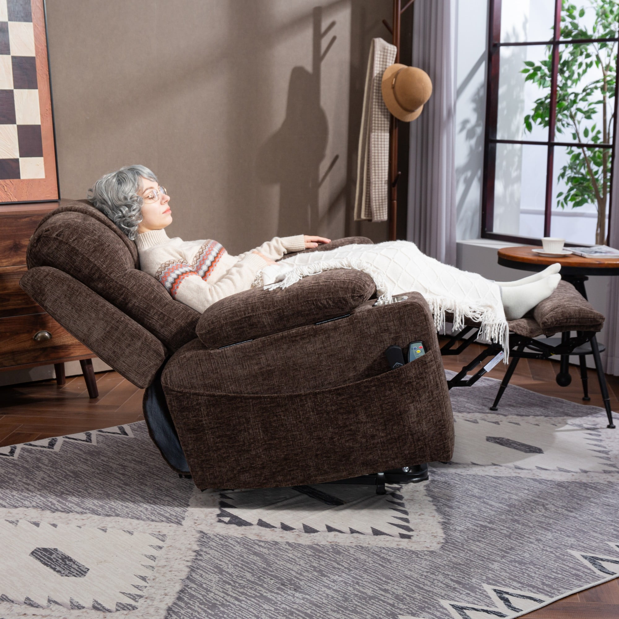 Oversized Recliner Chair 26-inch Wide Seat with Extended Footrest - Power Lift Recliner for Elderly with Heat Massage - Flip Arm Storage Cup Holders 350 lbs