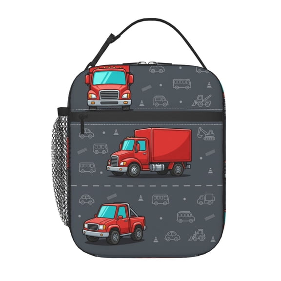 Truck Lunch Bag Insulated Lunch Box Reusable Thermal Cooler Tote Large Capacity Meal Prep Bag Work Travel Picnic Red Cargo Pickup Pattern