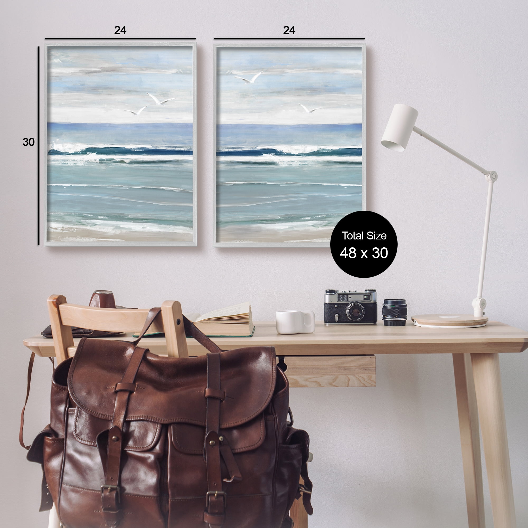 Stupell Industries Seagulls over Beach Waves Landscape Painting Gray Framed Art Print Wall Art, 24 x 30, Set of 2