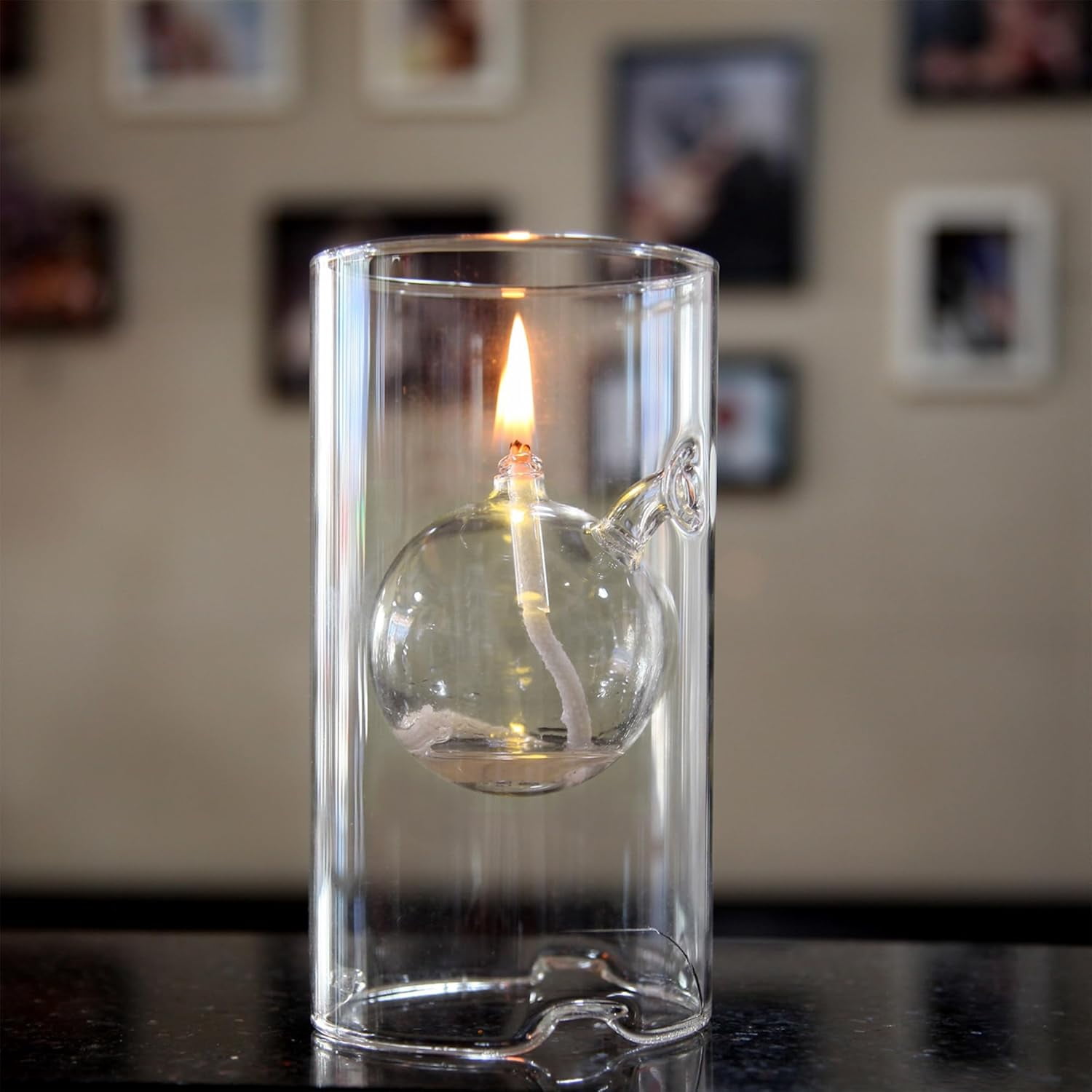 Refillable Liquid Petite Oil Lamp: Glass Oil Light Borosilicate Includes Bliss Suspended Hurricane Candle Holder Sleeve Lamp, Oil Candle Vessels for Table Centerpieces Decor (Clear)
