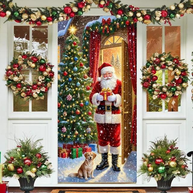 Funda de puerta navideña de 35x72 pulgadas - Cortina navideña para Santa Claus para decoración de puertas y paredes, tela de poliéster, fácil de instalar