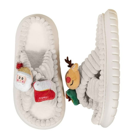 

Lovskoo 2024 Christmas Slippers for Women And Men Couple Shoes Flat Plush Non-Slip Home Shoes Linen Comfortable Platform Slippers White