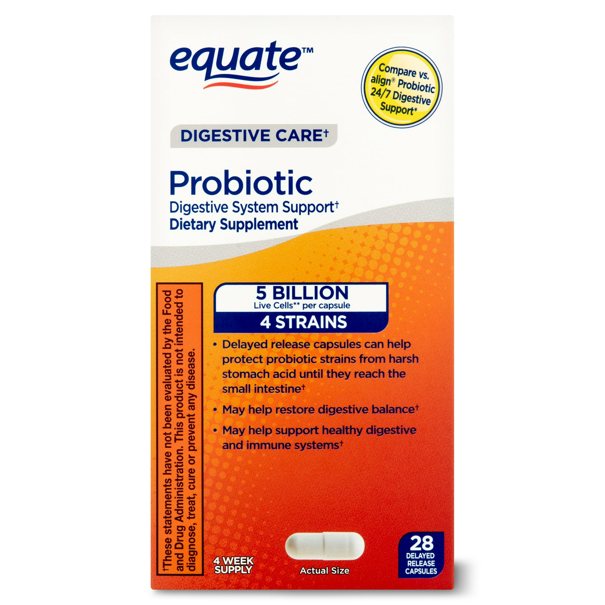 Equate Digestive Probiotic Supplement Delayed-Release Capsules, Unisex, 28 Count, Compare to Align® Probiotic 24/7 Digestive Support