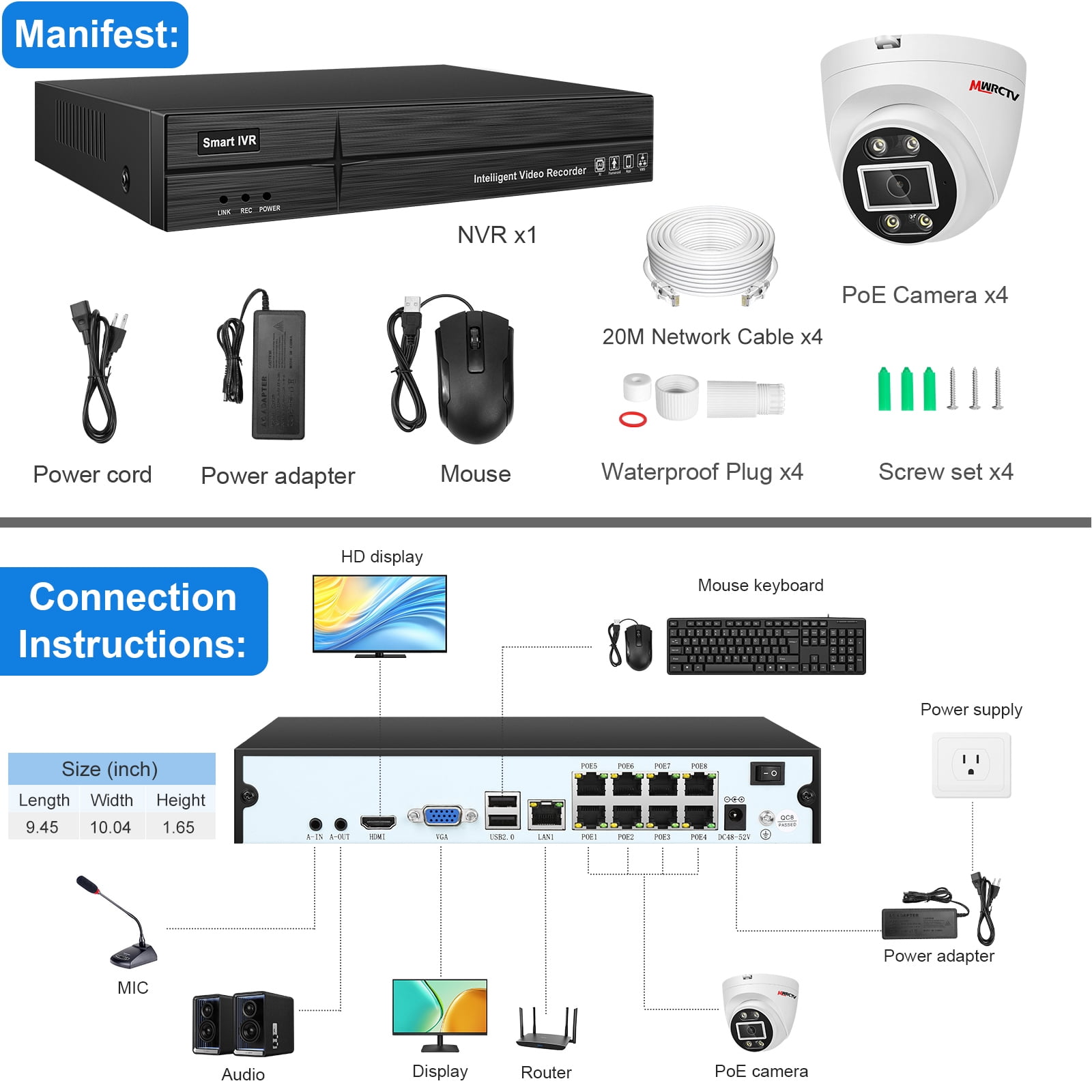 MWRCTV 4K Security Camera System,4 x 8MP Wired Dome IP PoE Cameras for Home Security,110°Wide Angle Lens,2-Way Audio,Smart Dual Light,Human Vehicle Detection,8 Port 16CH 4K NVR,24/7 Recording(NO HDD)