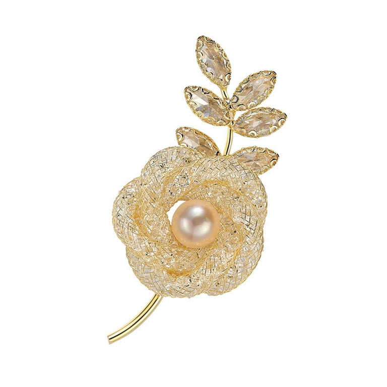 Red flower brooch pin with pearl center and gold trim. Women's flower pin