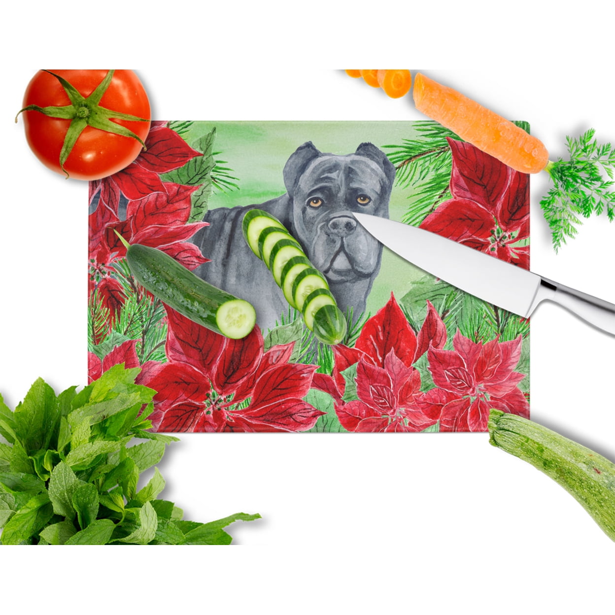 Caroline's Treasures Cane Corso Poinsettas Glass Cutting Board Large