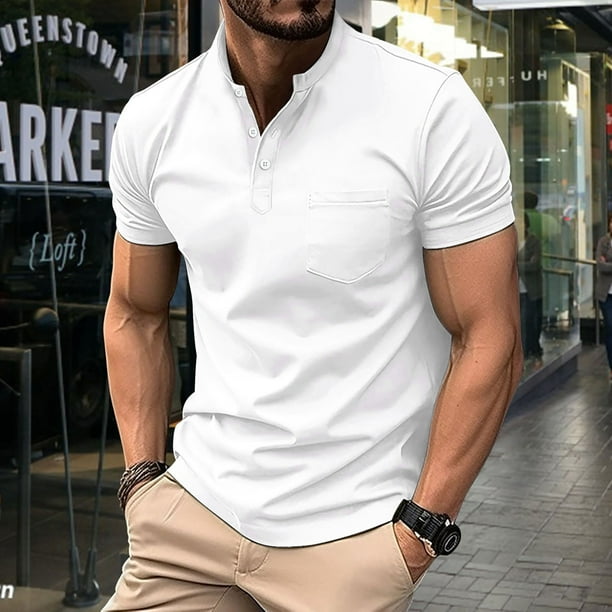 pstuiky Camisa de manga corta para hombre, Camiseta de manga larga para hombre, color liso, con solapa y botones, a la moda camisas casuales para hombre xxl