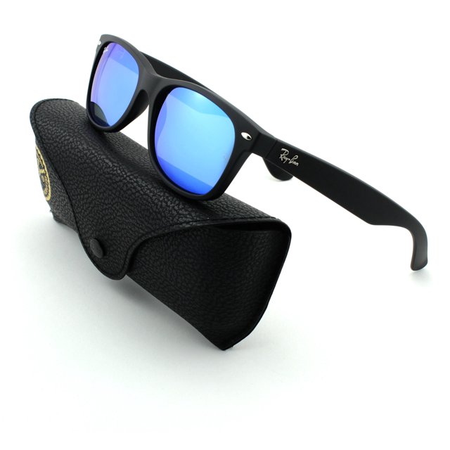 Ray-Ban womens Rb2132 New Wayfarer sunglasses, Rubber Black Frame/Grey Mirror Blue Lens 622/17, Medium US