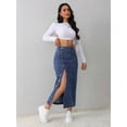 thumbnail image 3 of Dark Wash-2 Denim Midi Skirt With Front Button Closure And Side Slit, 3 of 30