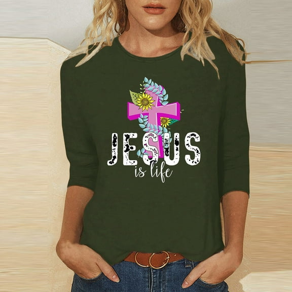 HOMBOM 3/4 Sleeve Cute Tops For Women Y2k Army Green Easter Cross Print Shirts Crew Neck Easter Tops Women Religious XXXXL