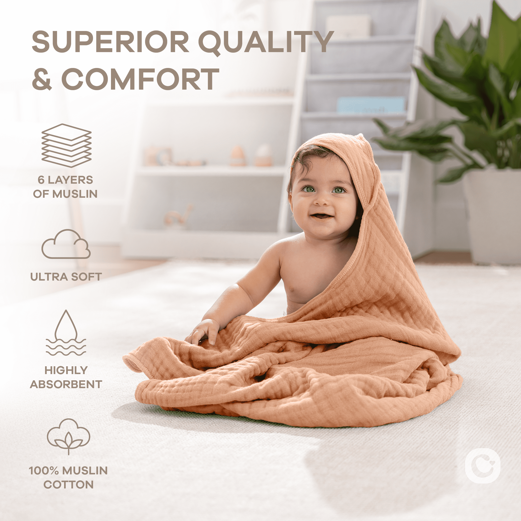 Comfy Cubs Hooded Baby Towels 2-Pack, Large 32" x 32" - 6 Layer, 100% Muslin Cotton, Caramel
