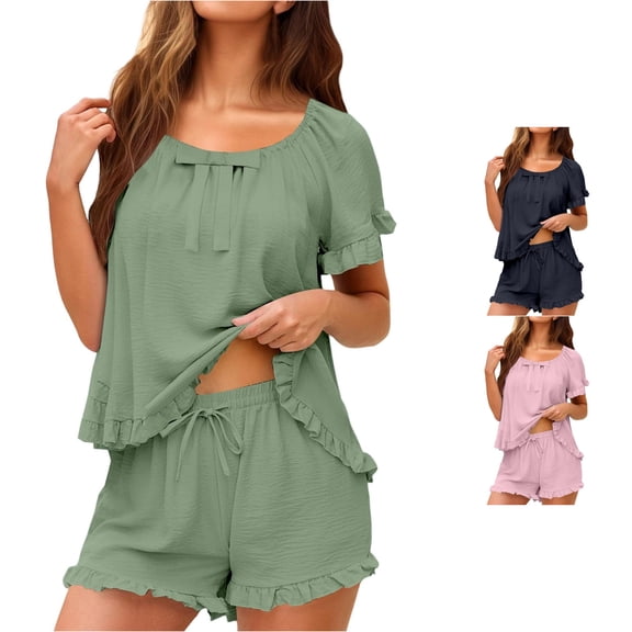 TIANZEN Women's Casual Solid Color Sleepwear Set With Bowknot Trim Short Sleeve Short Pajamas For Home Relaxation Spring Summer Nightwear Comfortable Outfit Womens Organic Pajamas
