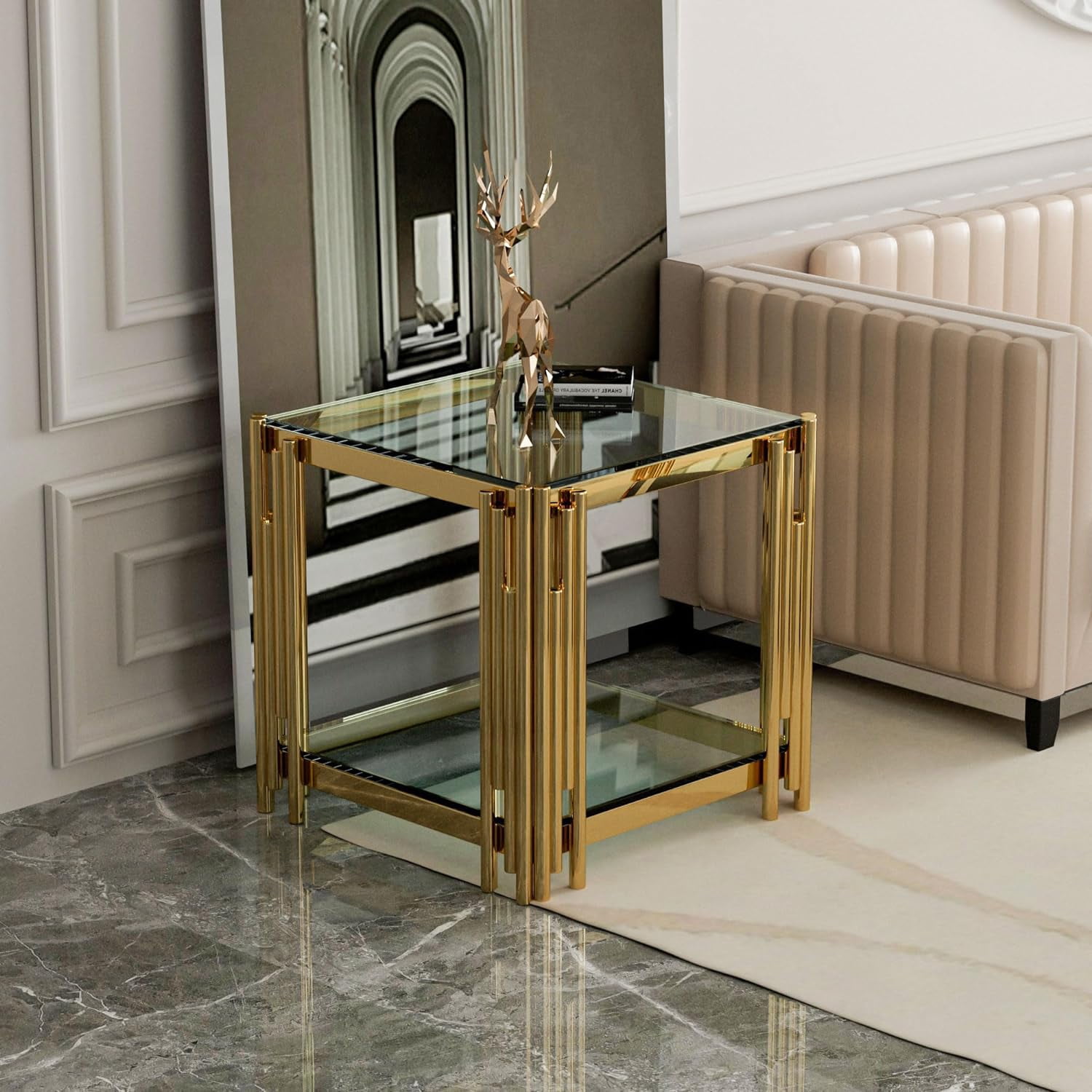 End Tables for Living Room Set of 3, Holaki Modern Rectangle Tempered Glass Coffee Table with 2 Square End Table, Coffee Table Set with Stainless Steel Irregular Legs for Home Apartment Office