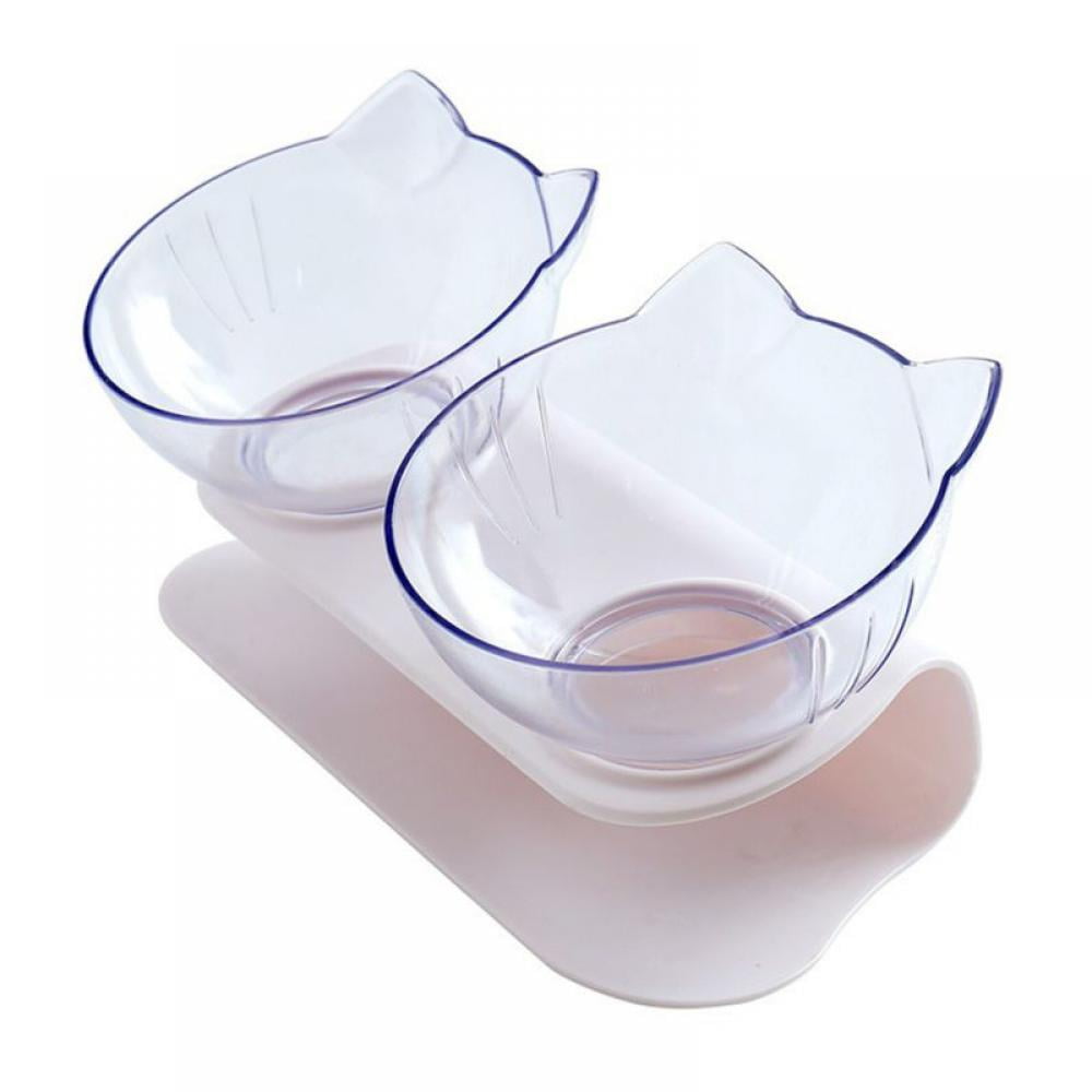 Cat Elevated Double Transparent Plastic Bowl,Pet Feeding Bowl Black Base+2 Bowls Raised The Bottom for Cats and Small Dogs ，Cute Cat Face Double Bowl 