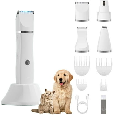 GUQDZOF Dog Clippers Grooming Kit Hair Clipper, Rechargeable Low Noise Paw Trimmer Kit with Base, Cordless Quiet Nail Grinder Shaver for Cats and Other Pets, White