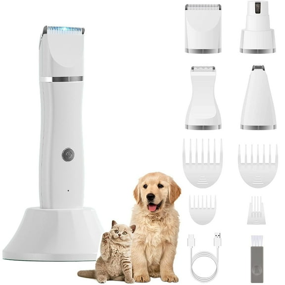 GUQDZOF Dog Clippers Grooming Kit Hair Clipper, Rechargeable Low Noise Paw Trimmer Kit with Base, Cordless Quiet Nail Grinder Shaver for Cats and Other Pets, White