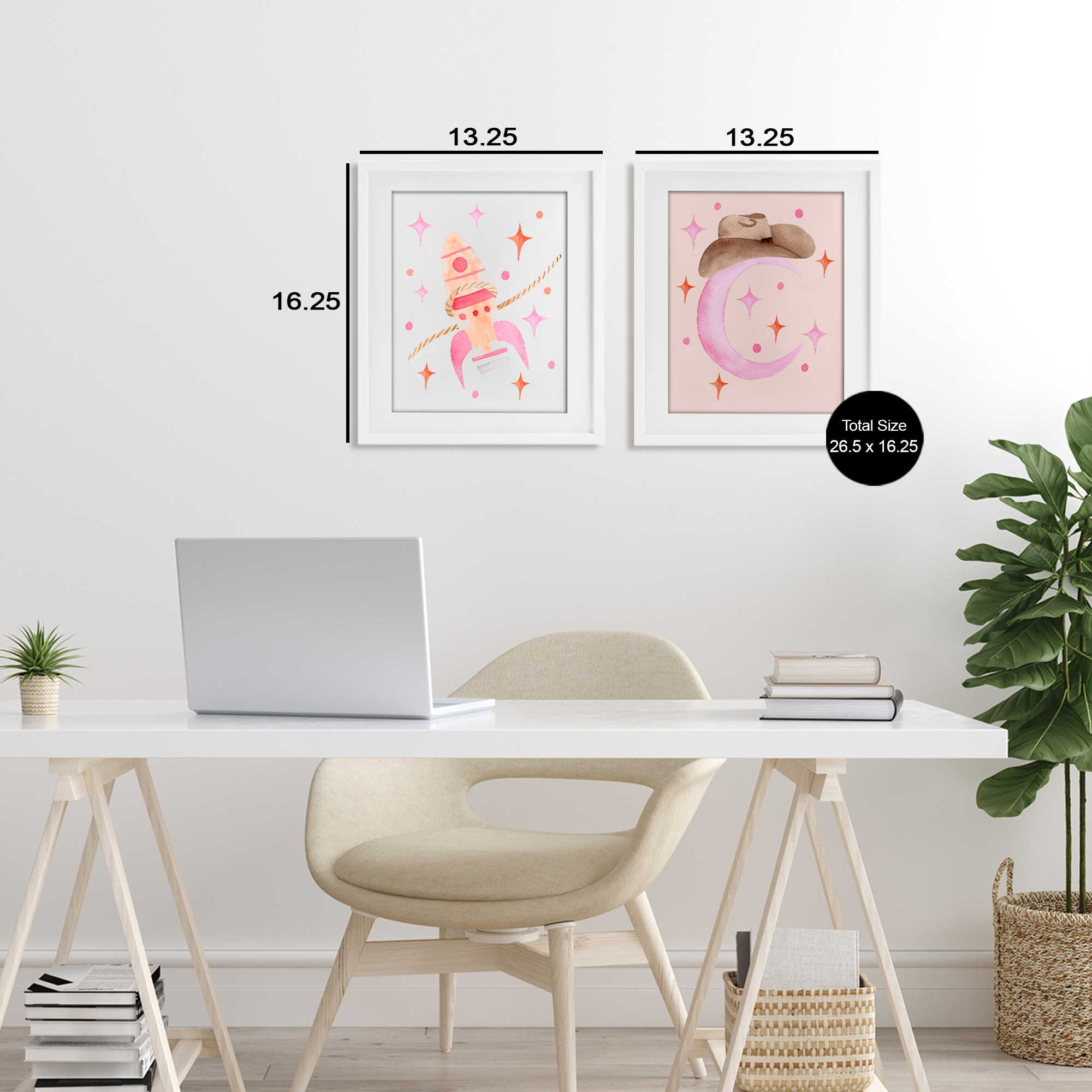 Space Cowgirl Rocket Ship 2 Piece White Framed Print Under Glass Set, design by Nina Jacobs