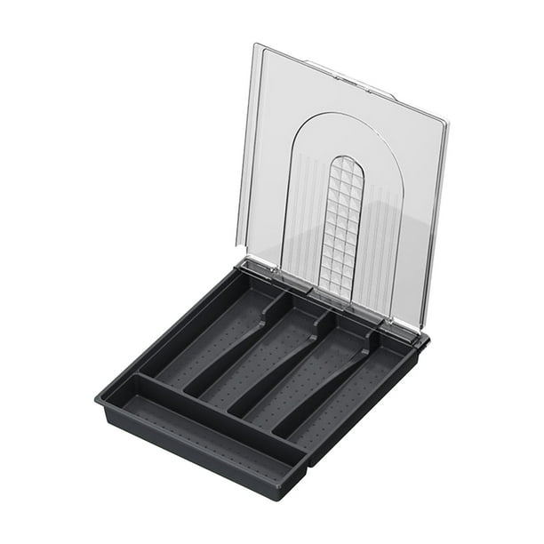 Soporte para utensilios de encimera con tapa, bandeja de plástico para cubiertos para cajón, organizador de cubiertos de 5 compartimentos