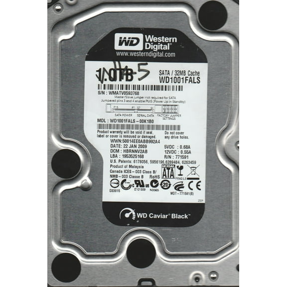WD1001FALS-00K1B0, DCM HBRNNV2AB, Western Digital 1TB SATA 3.5 Hard Drive