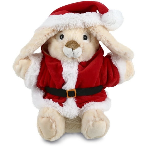 DolliBu Santa Rabbit Stuffed Animal Plush Hand Puppet - Super Soft Farm Animal Dress Up with Red Santa Claus Outfit, Cute Holiday Christmas Gift - 9 Inches