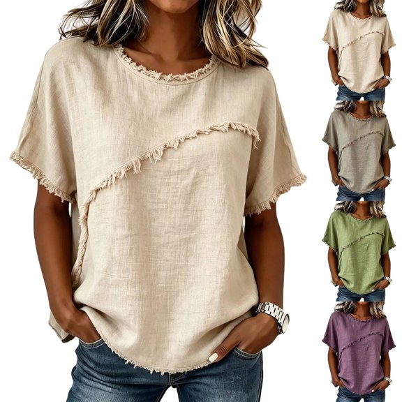 Gauze Shirts for Women Casual Crew Neck Short Sleeve Tops Lightweight Loose Boho Blouses Summer Beach Vcation Outfits Beige S
