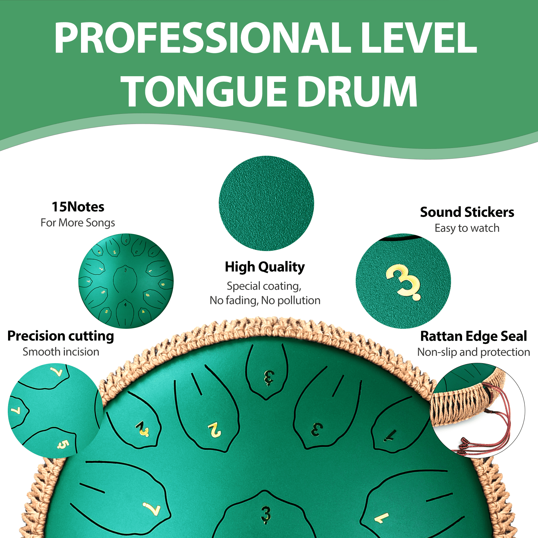 Steel Tongue Drum, 14 Inch 15 Note Tongue Drums, Handpan Drums for Adultes, Steel Drum Instrument with Music Book, Steel Handpan Drum Mallets and Carry Bag, C Major,Green