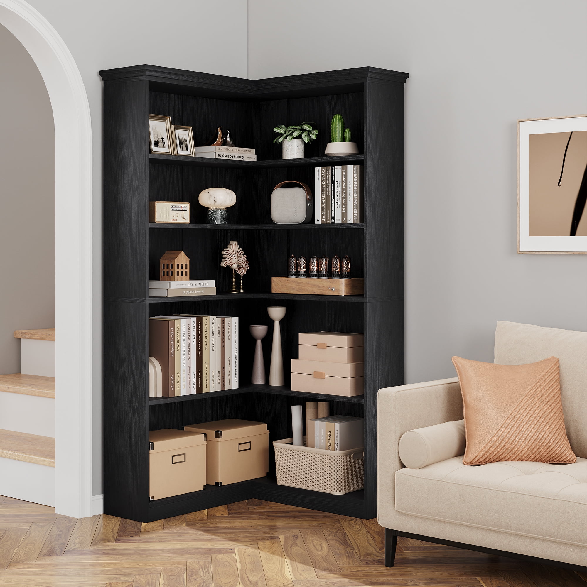 AOILE 72.8" Farmhouse Corner Bookshelf, 5-Tier L-Shaped Bookcase with Storage - Tall Display Shelf for Living Room, Office, Bedroom