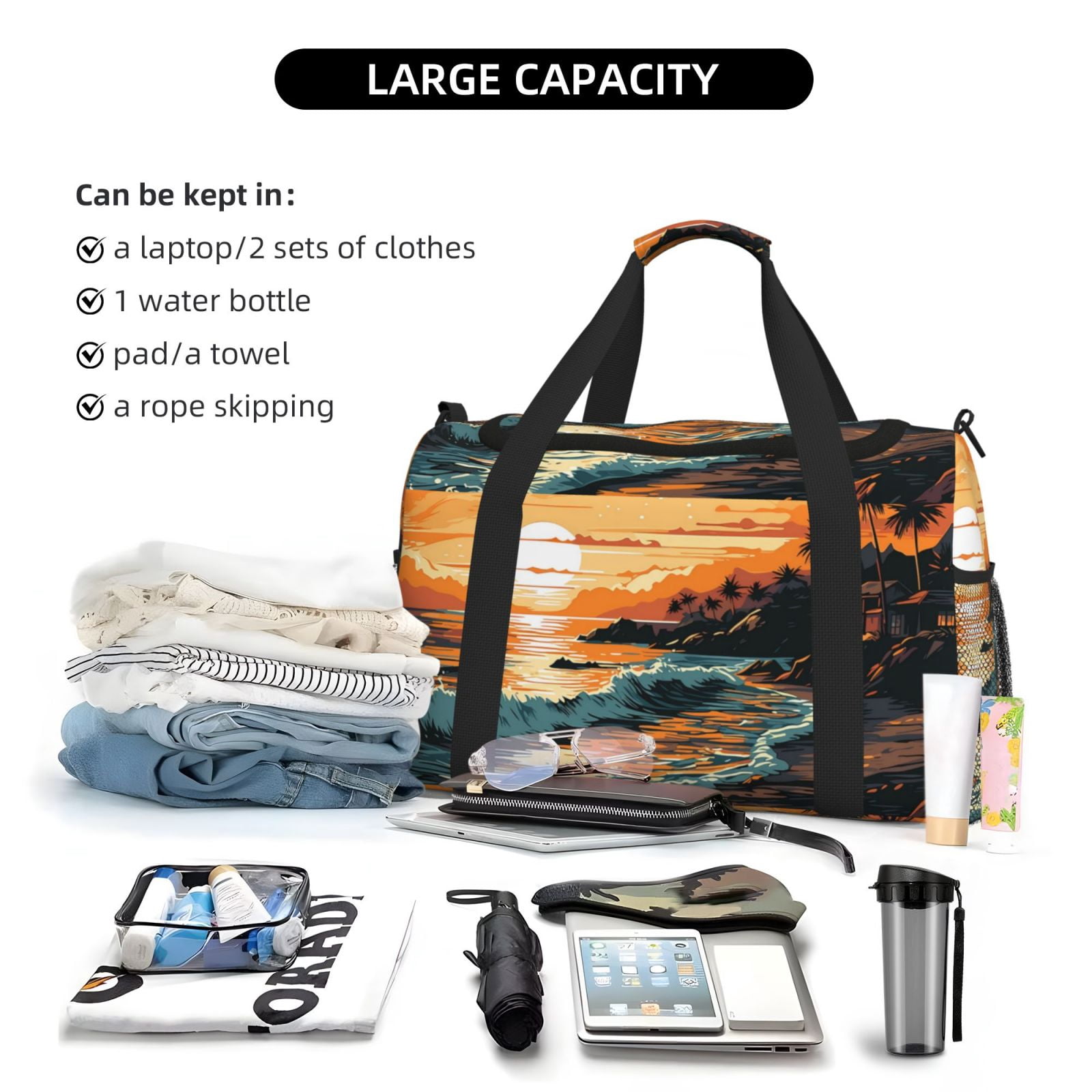 Fuzoiu Serene Ocean Sunset Print Travel Duffle Bag,Carry On Tote Bags,Duffel Bag,Sport Gym Bag, Hospital Bag for Labor and Delivery, Overnight Bag,Luggage Bag