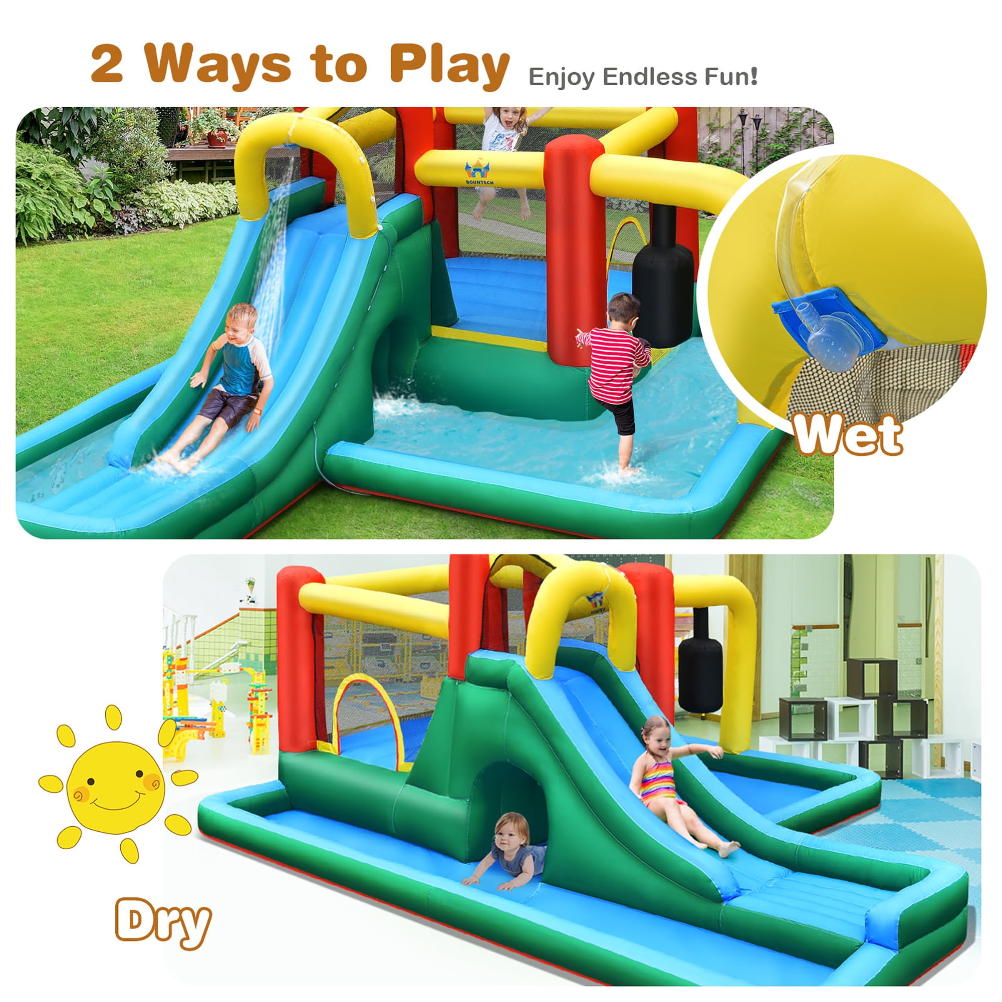 Costway Inflatable Slide Water Park Climbing Bouncer Bounce House with Tunnel & 735W Blower