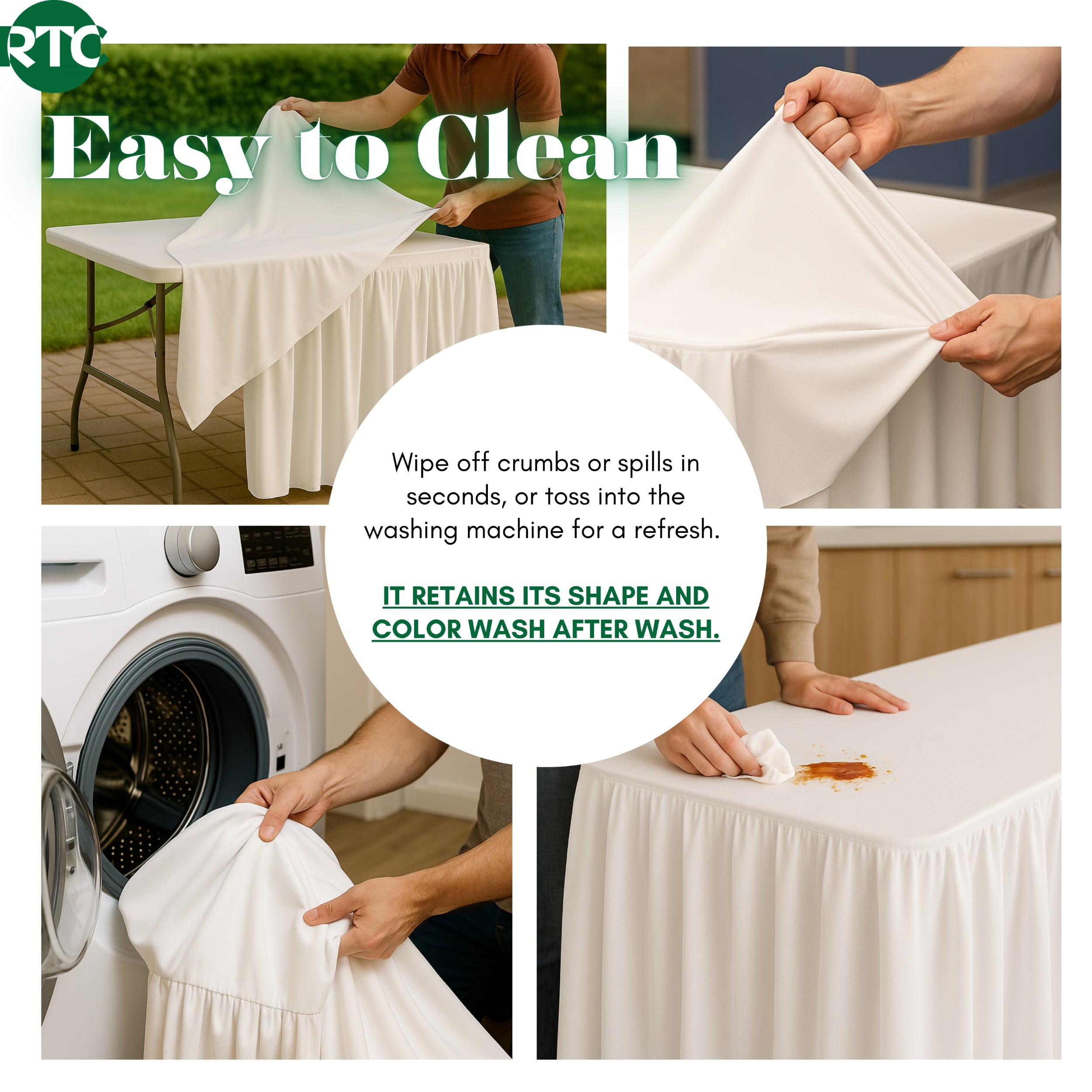 RTC Group Spandex Rectangular Tablecloth Skirt Table Cover, 6Ft Table, 72" x 30", White, 4 PK
