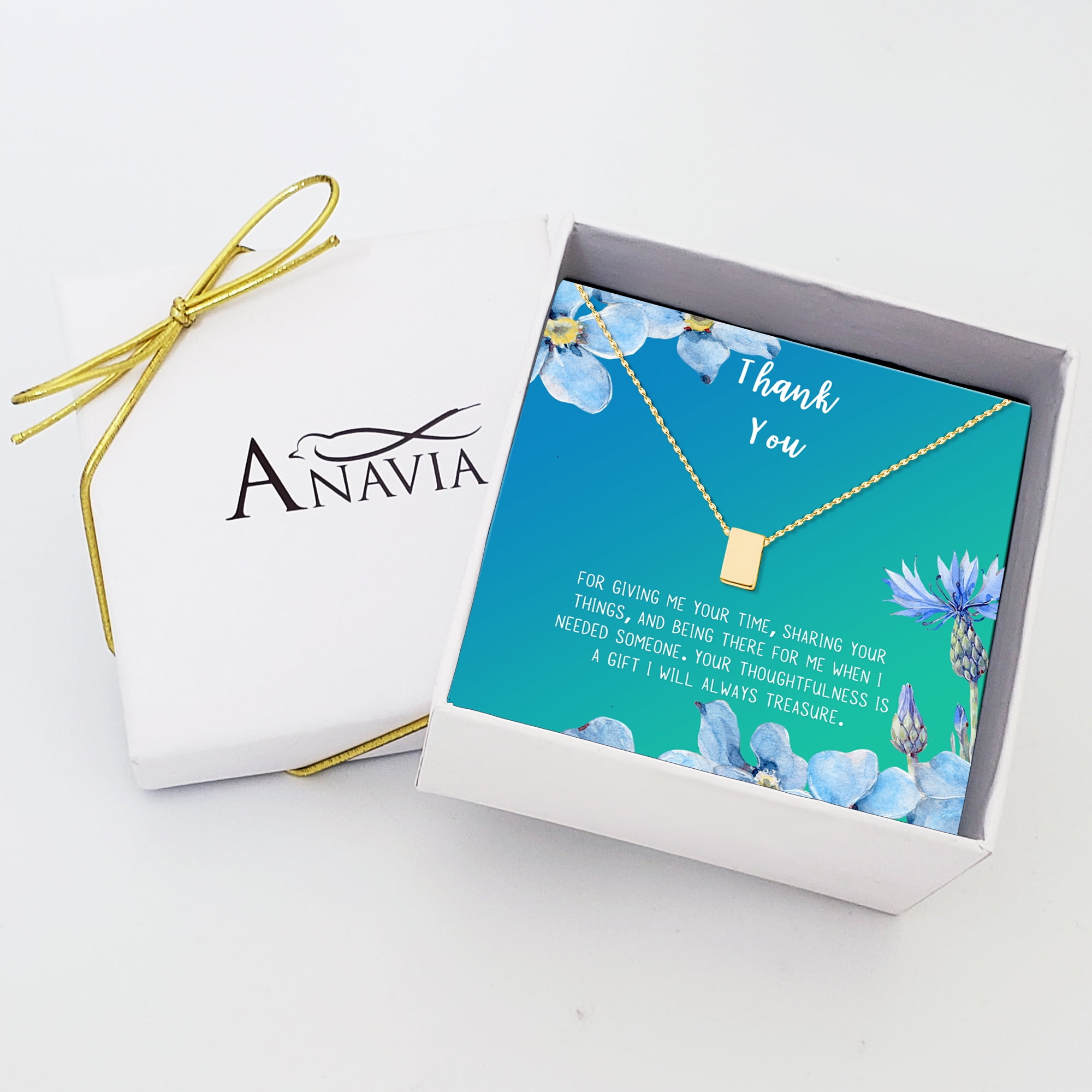 Anavia Thank You Gift Card, Appreciation Gift for friend, High Quality Stainless Steel Fashion Necklace, Thank you Gift, Gratitude Gift for Her-[Gold Cube, Bright Blue Gift Card]
