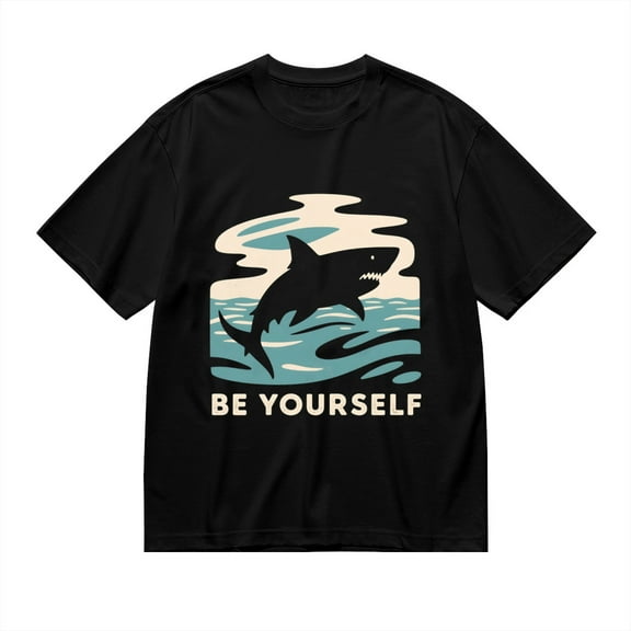 Black T Shirts for Men, Be Yourself, Shark Wave Print 1 Mens Graphic Tees, 24816228,S