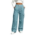 thumbnail image 3 of Womens Cargo Sweatpants, Mid Waisted Drawstring Elastic Waist Casual Pants with Multi Pockets, for Outdoor Activities | VerBelle,Light Blue XL, 3 of 8