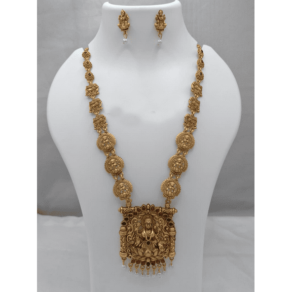 Antique Gold-Plated Goddess Lakshmi Temple Necklace Set with Earrings – Traditional South Indian Bridal Jewelry for Women