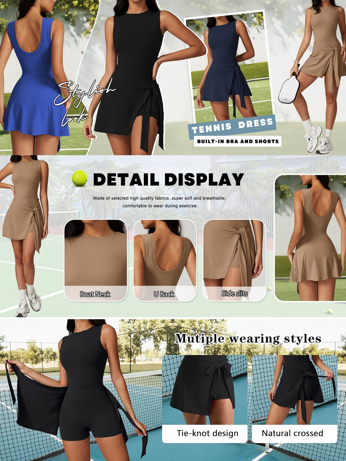 KEFIRLILY Women's Tennis Dress with Built-in Bra & Shorts, 2-in-1 Athletic Workout Dress for Golf Pickleball