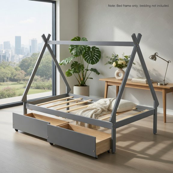 GVN Platform Bed Frame,Twin Size Wooden Tent Platform House Bed with 2 Drawers-Gray