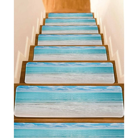 Summer Beach Stair Treads for Wooden Steps Indoor Runner Rug Carpet, Blue Coastal Ocean Seaside Nautical 4 Pieces Peel and Stick Staircase Step Treads Covers Washable Throw Door Mats, 30"x8"