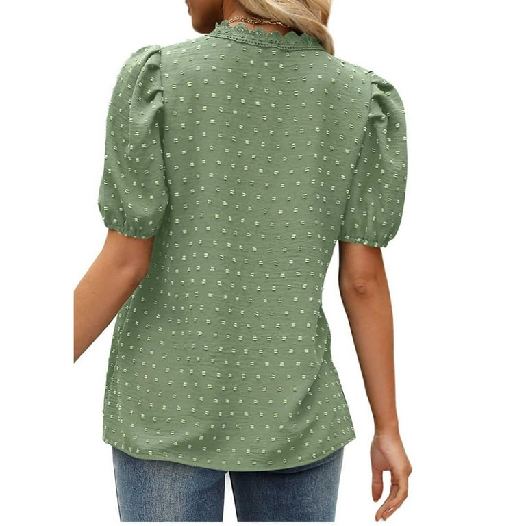 【BAON】Kokuri Dot Pattern Short Sleeve Tee RQYYD Puff Short Sleeve Chiffon Tops for Womens Summer