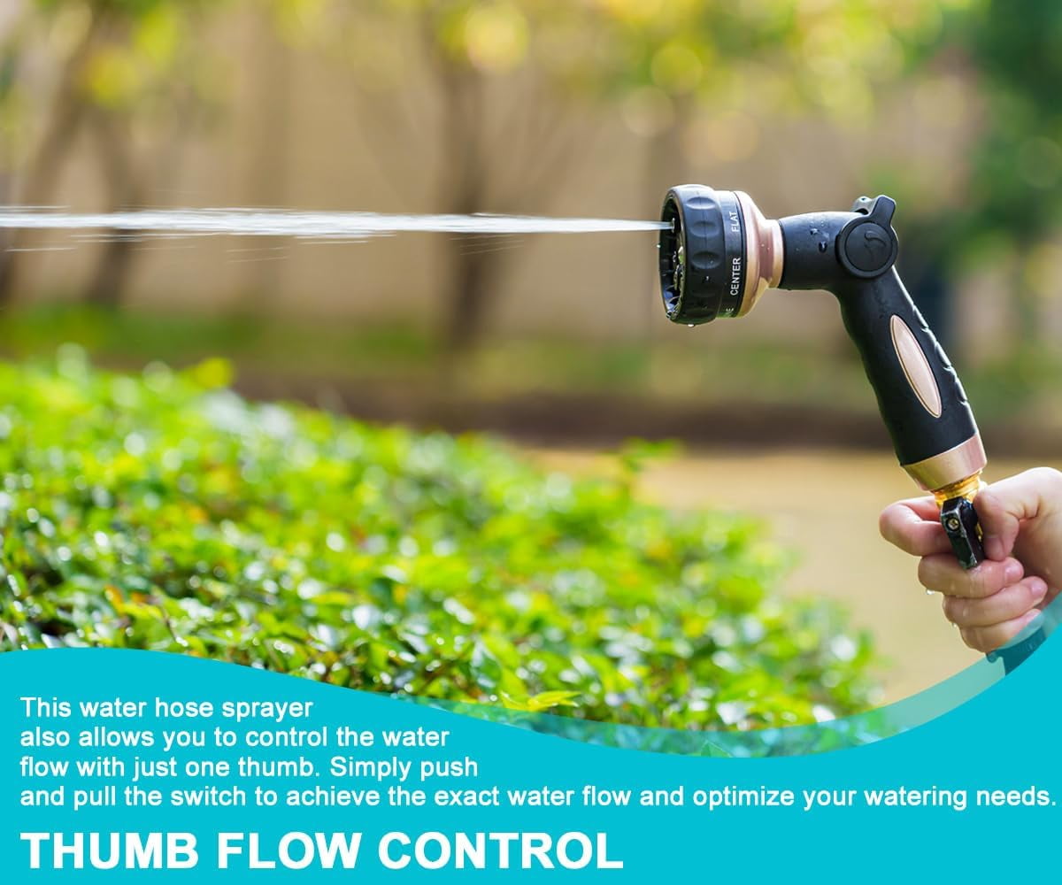 Garden Hose Nozzle 100% Heavy Duty, Metal Water Hose Nozzle with 7 Spray Patterns, Thumb Control All for Watering Plant & Lawn, Washing Car & Pet