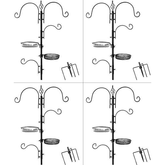 Ashman, Deluxe Bird Feeding Station, Bird Feeders for Outside - Multi Feeder Pole Stand, Black Color, Kit with 4 Hangers, Bird Bath and 3 Prong Base for Wild Birds - 22inch Wide x 92 inch Tall 4Pack.