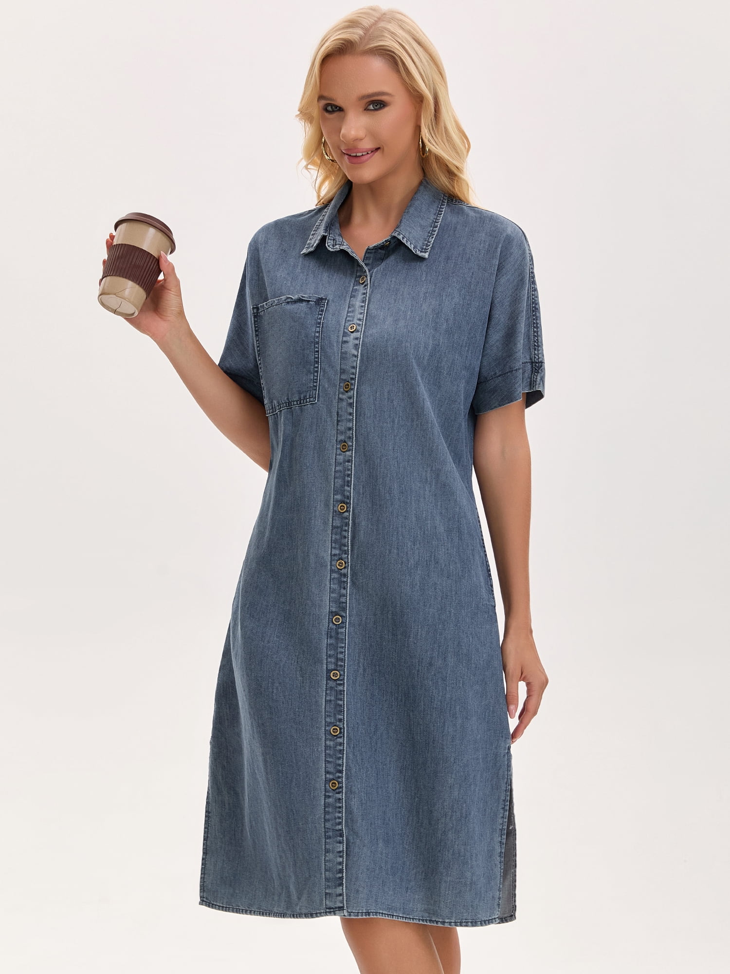 DARING DIVA Midi Denim Short Sleeve Button Down Tunic Jean Dress S Gray Blue